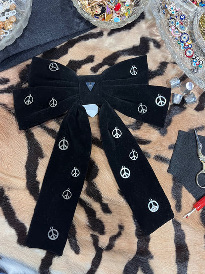 Peace Silver Black Velvet Hair Bow