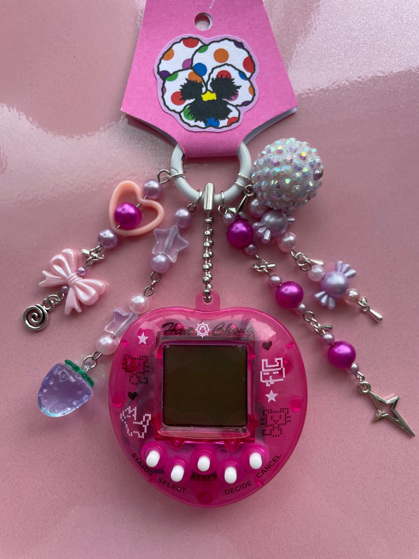 Pink Translucent Virtual Pet Keychain - Mixed Charms