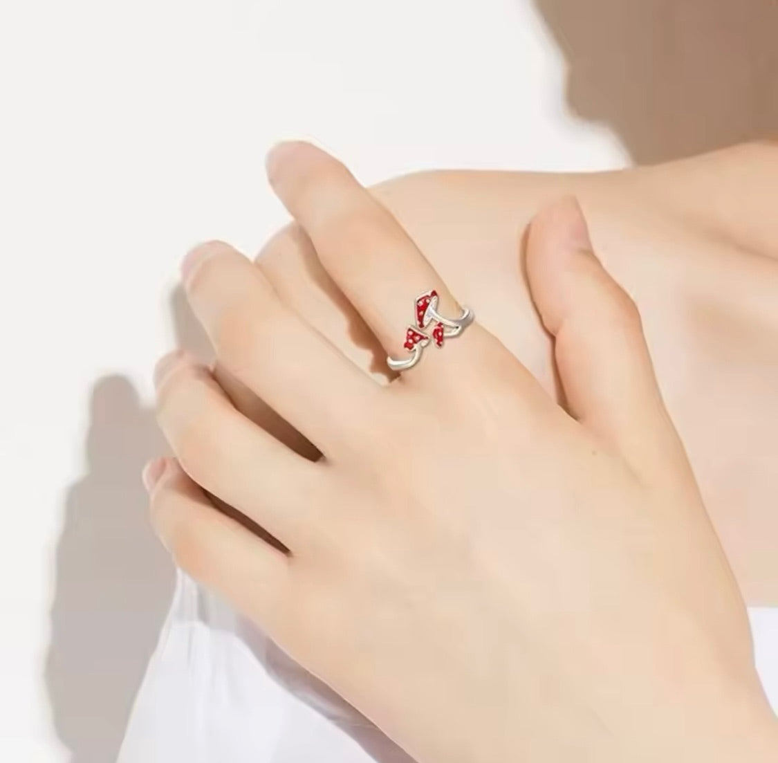 Silver Red Mushroom Adjustable Ring