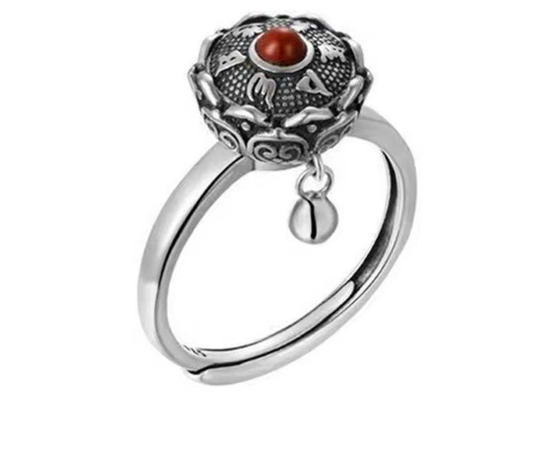 Tibetan Anti-Anxiety Red Silver Ring