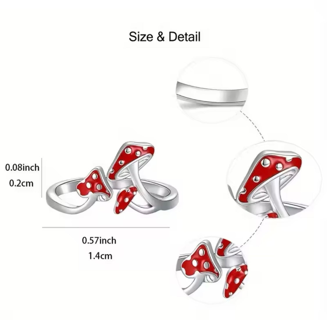Silver Red Mushroom Adjustable Ring