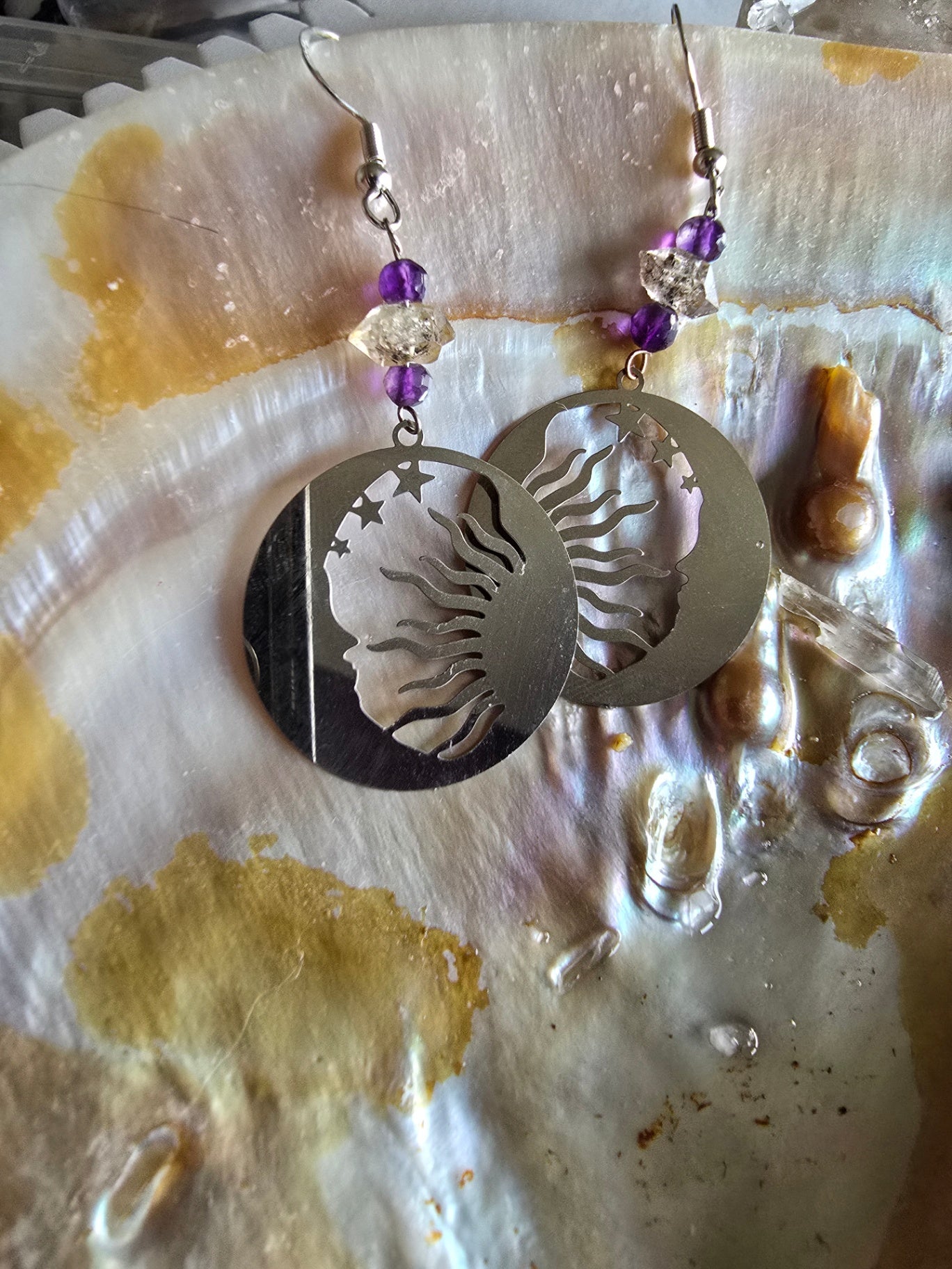 Amethyst and herkimer diamond suna nd moon earrings 