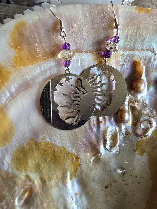 Amethyst and herkimer diamond suna nd moon earrings 