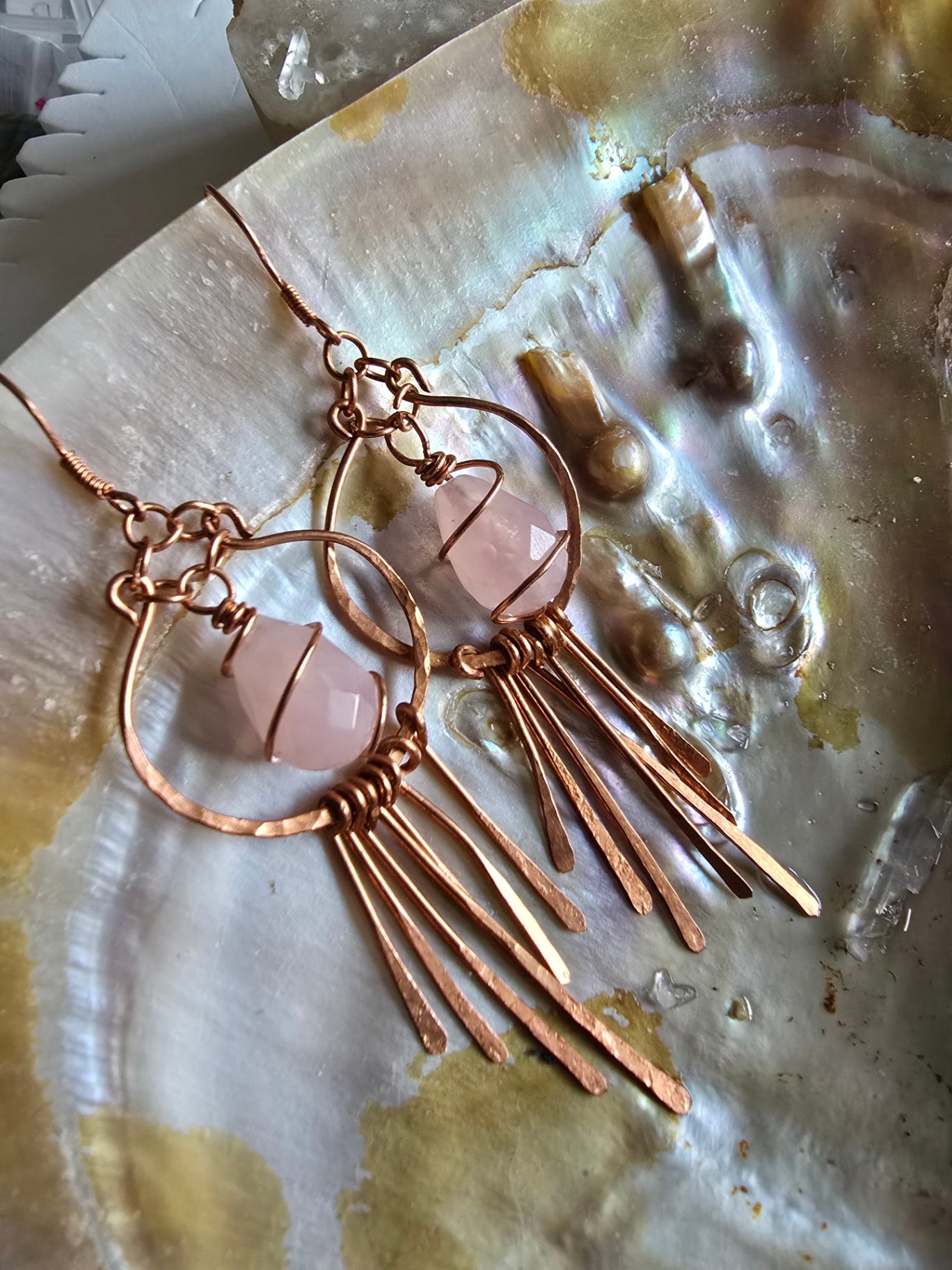 Rose quartz and copper earrings 