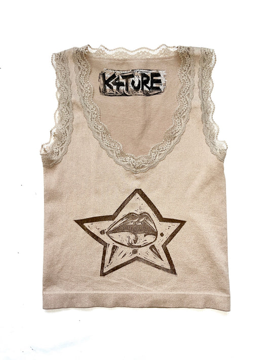 Beige lacey top with lips design 