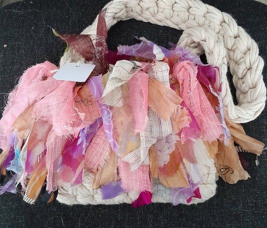 Cream & Pink Scrap Fringe Bag