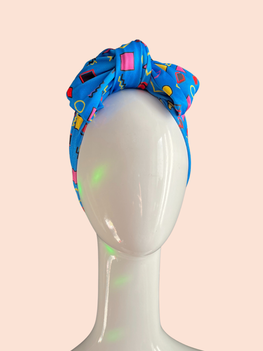 Blue 90s print turban bow headband