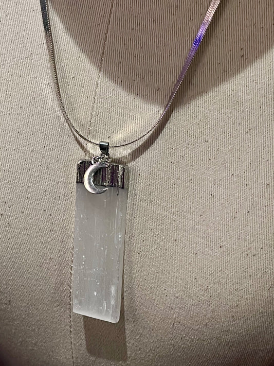 Silver Selenite Moon Charm Necklace