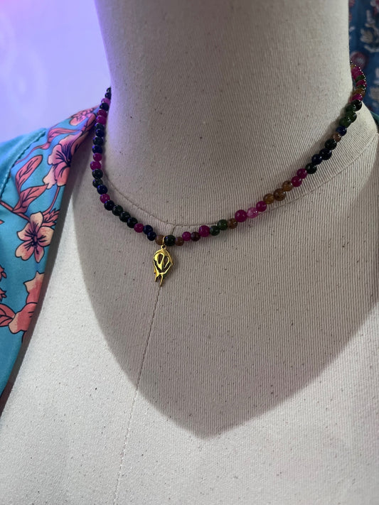 Rainbow Tourmaline Gold Smiley Charm Necklace 