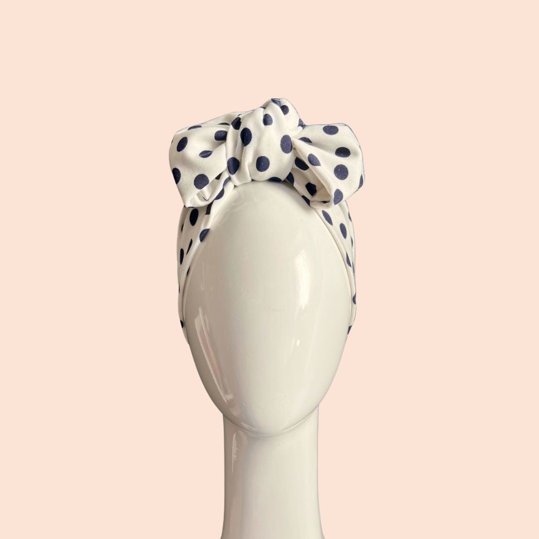 White and Navy turban bow headband 