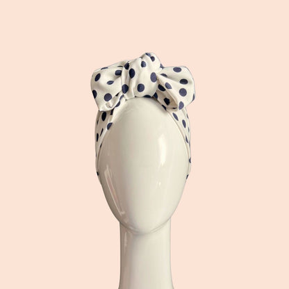 White and Navy turban bow headband 