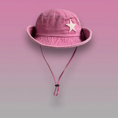 Pink Washed Denim Star Bucket Hat