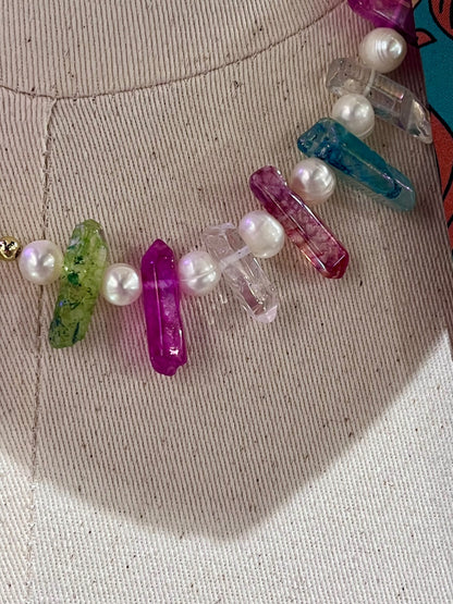 Rainbow Aura Quartz & Biwa Pearl 16” Necklace