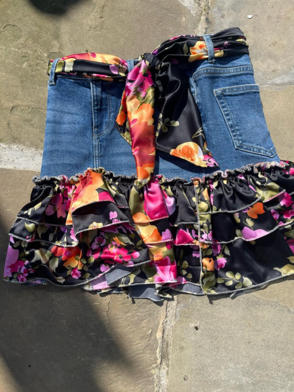 Denim Skirt Floral Satin
