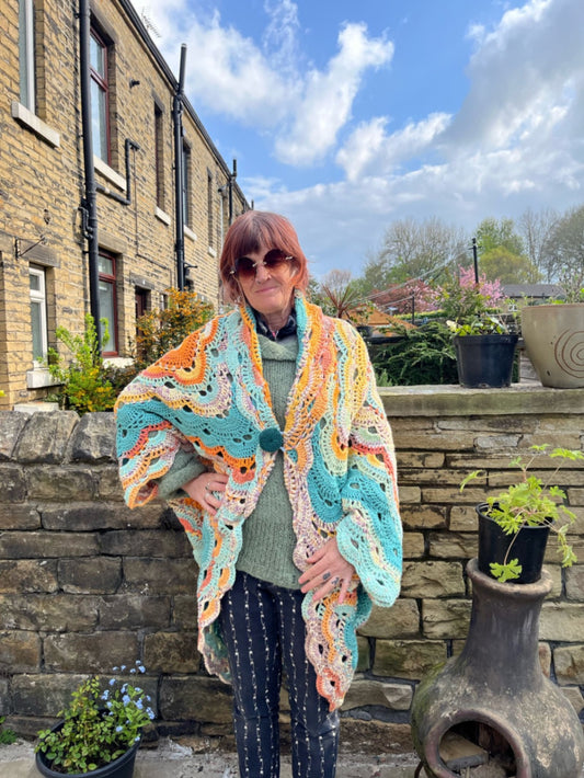 Orange and Teal Crochet Shawl