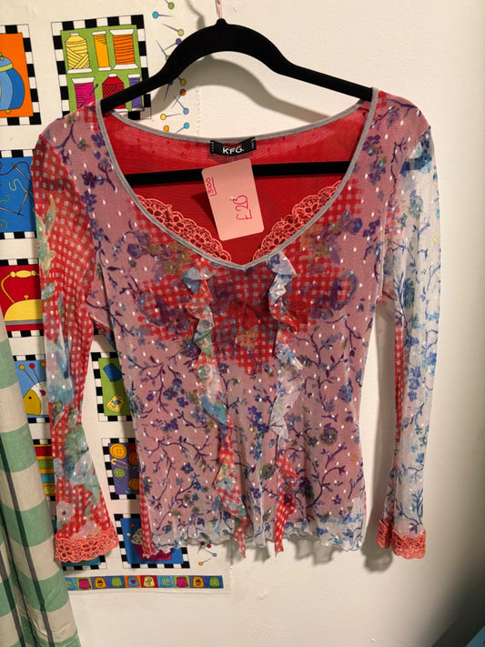 Multi coloured long sleeve mesh top