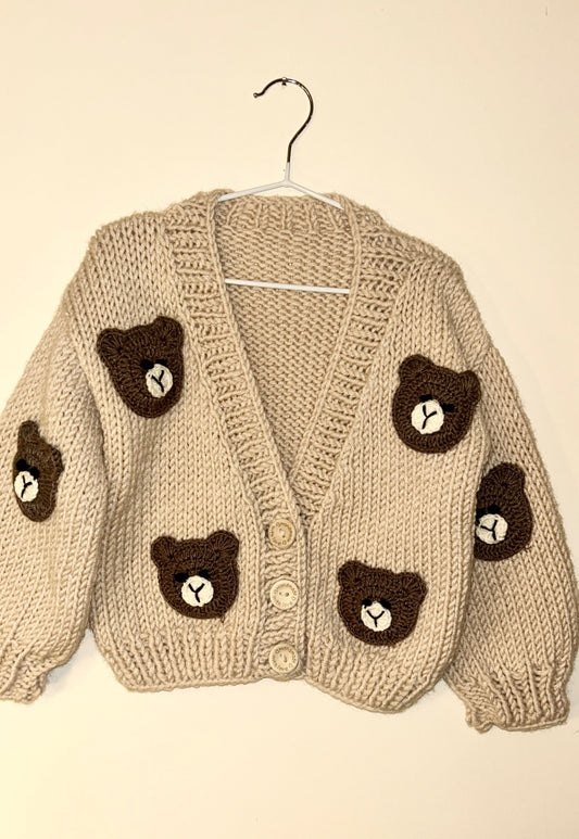 Beige Cardigan With Brown Teddy Faces - 3-4yrs