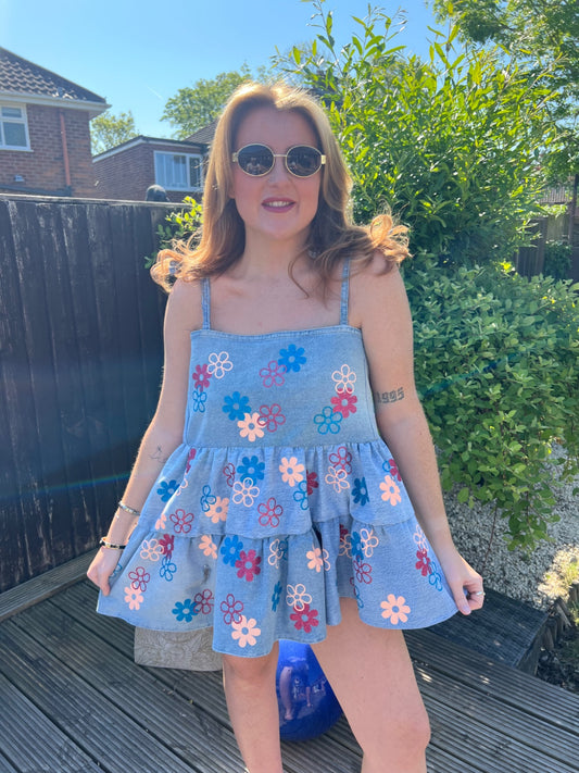 Denim flower up-cycled dress 