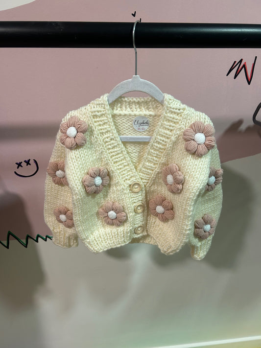 Handmade Cream With Pink Flowers Cardigan 3-4 Years