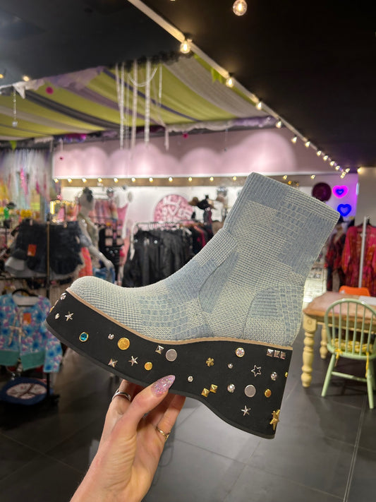 Denim Patchwork Boots with Added Studs