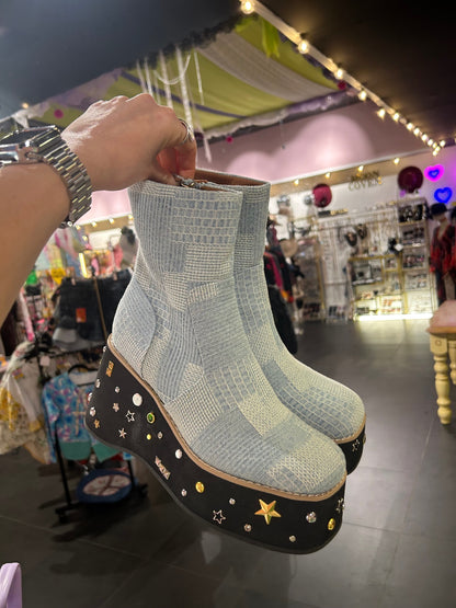 Denim Patchwork Boots with Added Studs