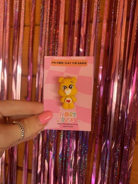 yellow bear polymer clay badge 