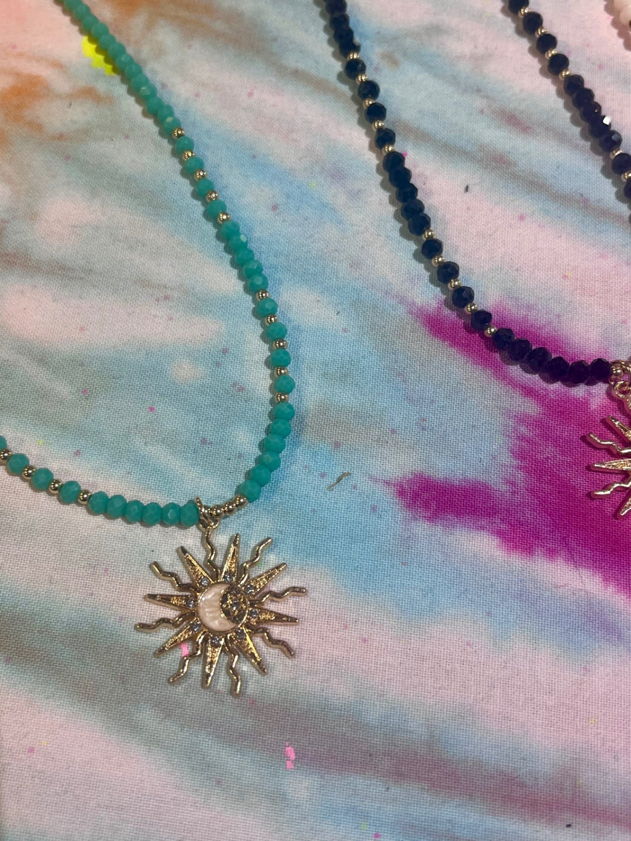 Crystal Sun Charm Necklace Black