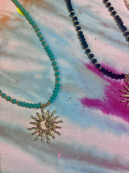 Crystal Sun Charm Necklace Black