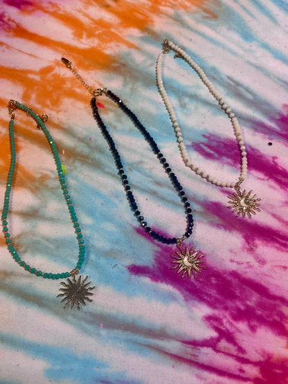 Crystal Sun Charm Necklace Black