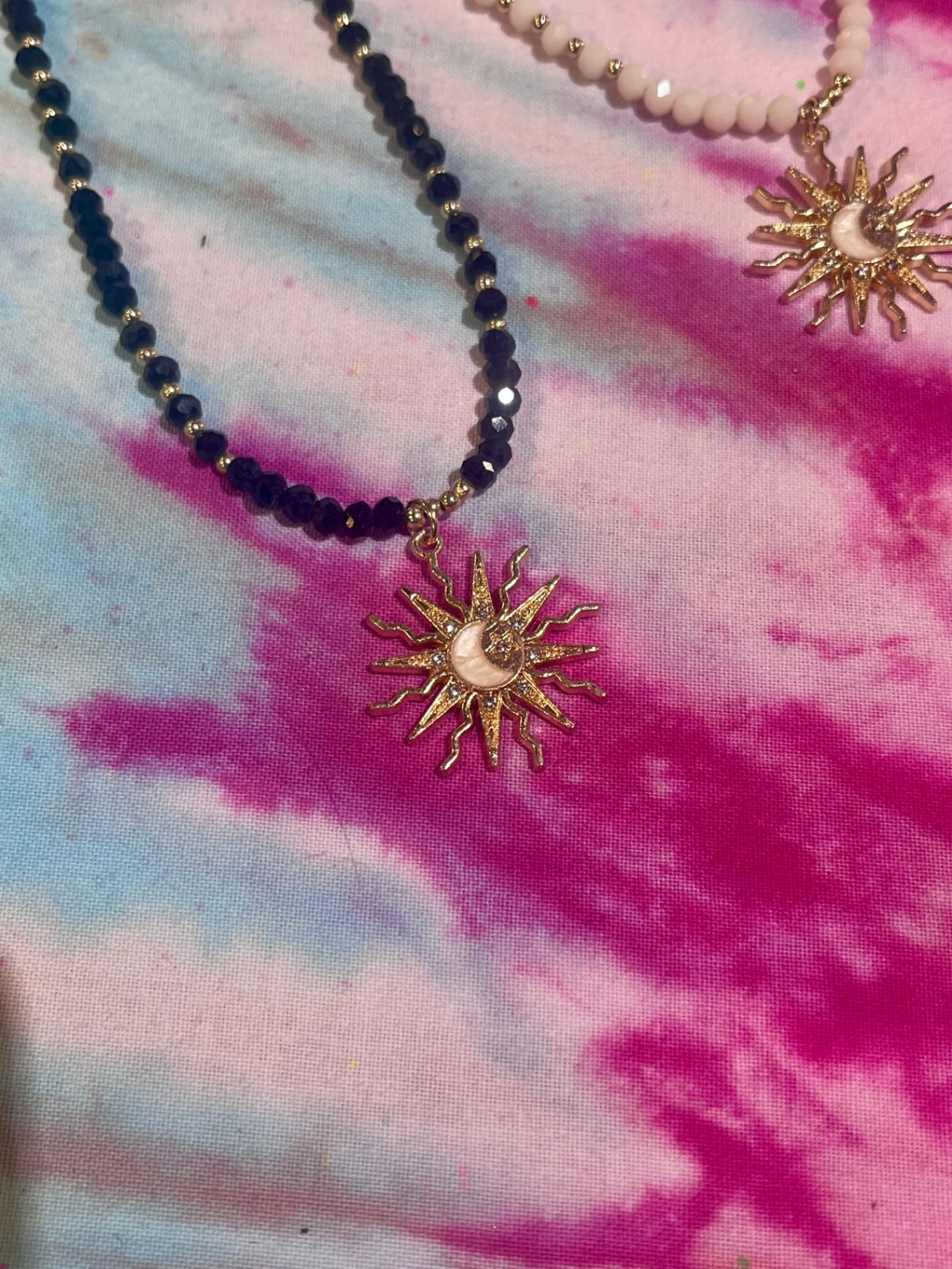 Crystal Sun Charm Necklace Black