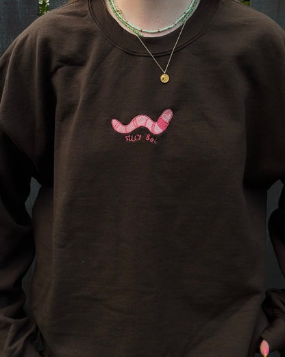 Silly Boi Worm Unisex Embroidered Brown Sweatshirt - Medium