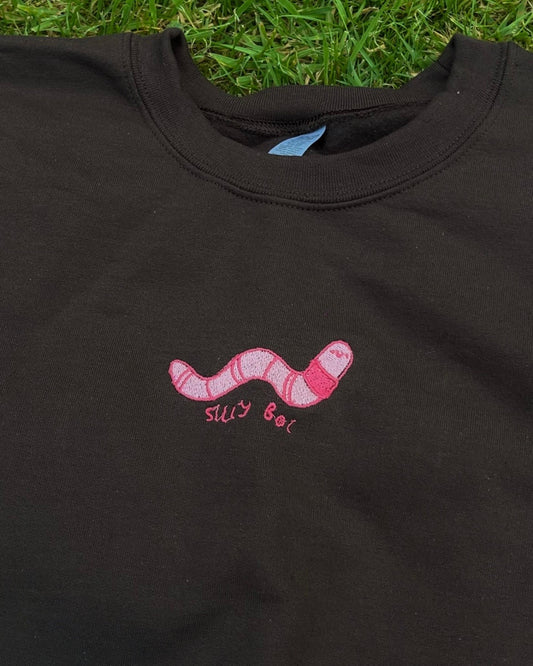 Silly Boi Worm Unisex Embroidered Brown Sweatshirt - Medium