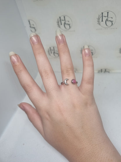 Adjustable cresent moon ring with pink stone