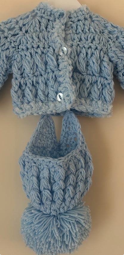 0-3m Knitted Blue Cardigan With Matching Hat
