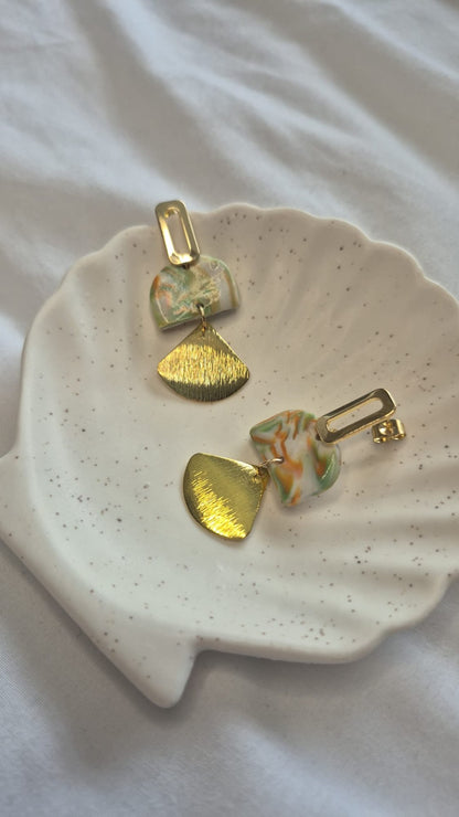 Green, Orange and Gold 3-tiered earrings