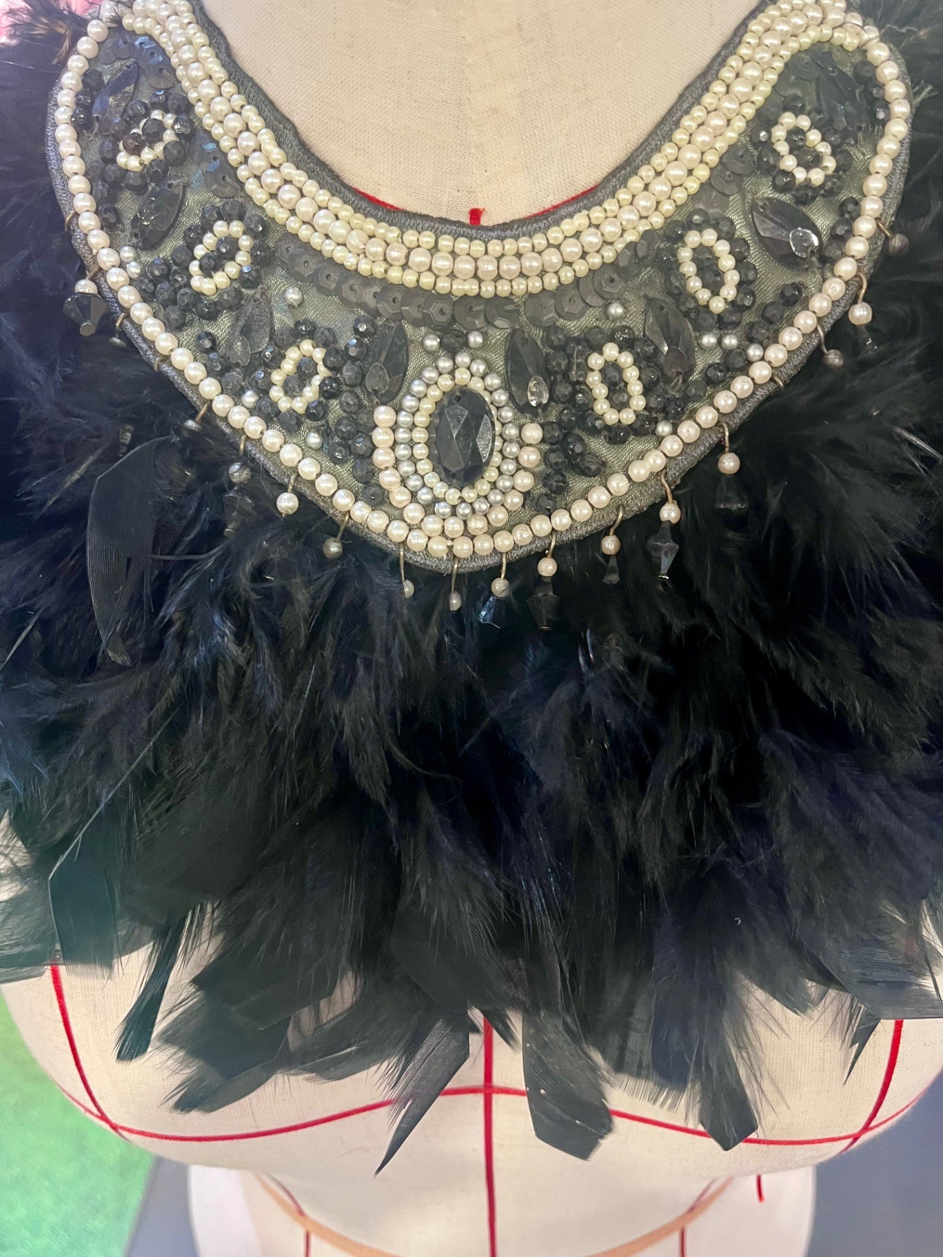Black Feathered Bead Bib Necklace 
