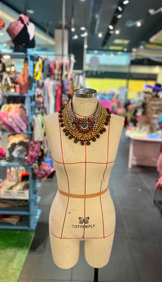 Aztec Pom Pom Statement Bib Necklace 