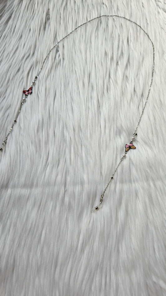 Silver Sunglasses Chain with Pink Butterfly 