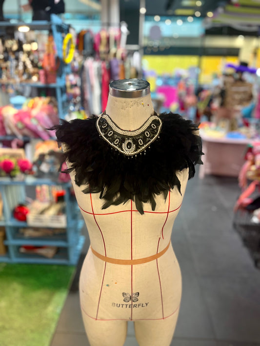 Black Feathered Bead Bib Necklace 