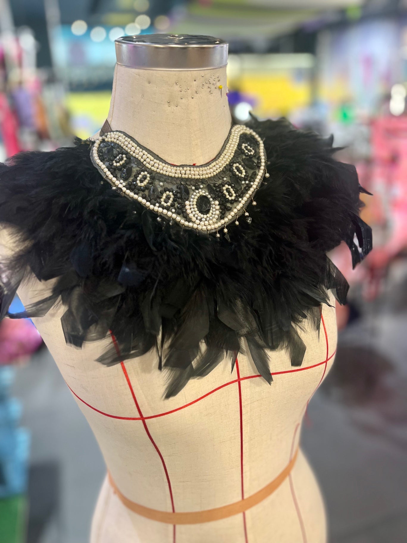 Black Feathered Bead Bib Necklace 