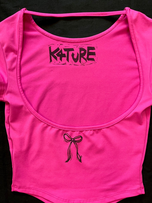 K4TURE hot pink crop top, small bow graphic (size 6)