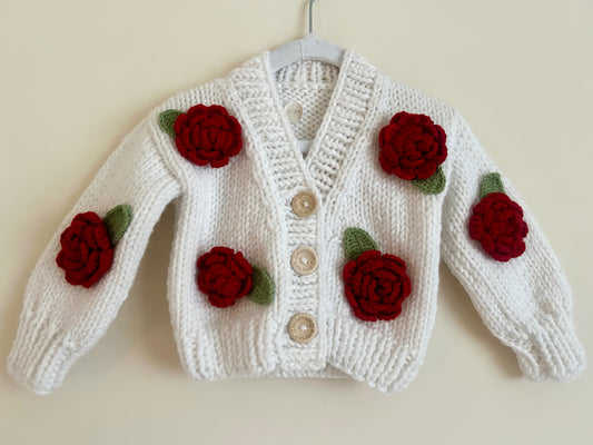 0-6m Handmade White With Red Rose Detail