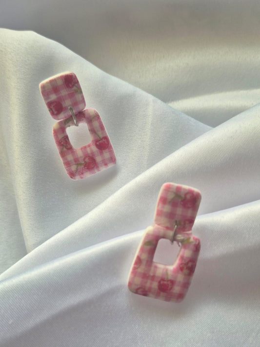 Cherry Gingham Square Earrings
