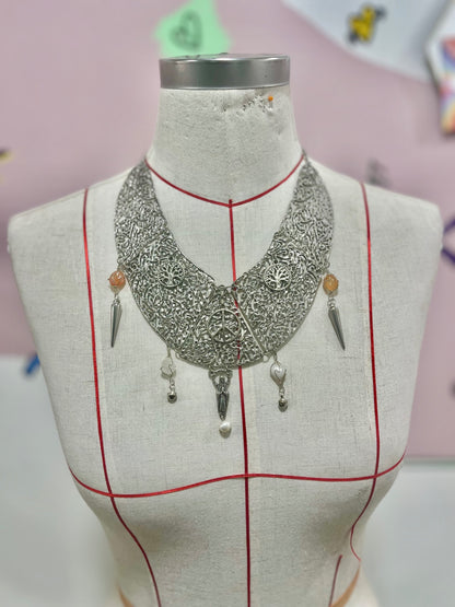 Silver Agate Charm Bib Necklace