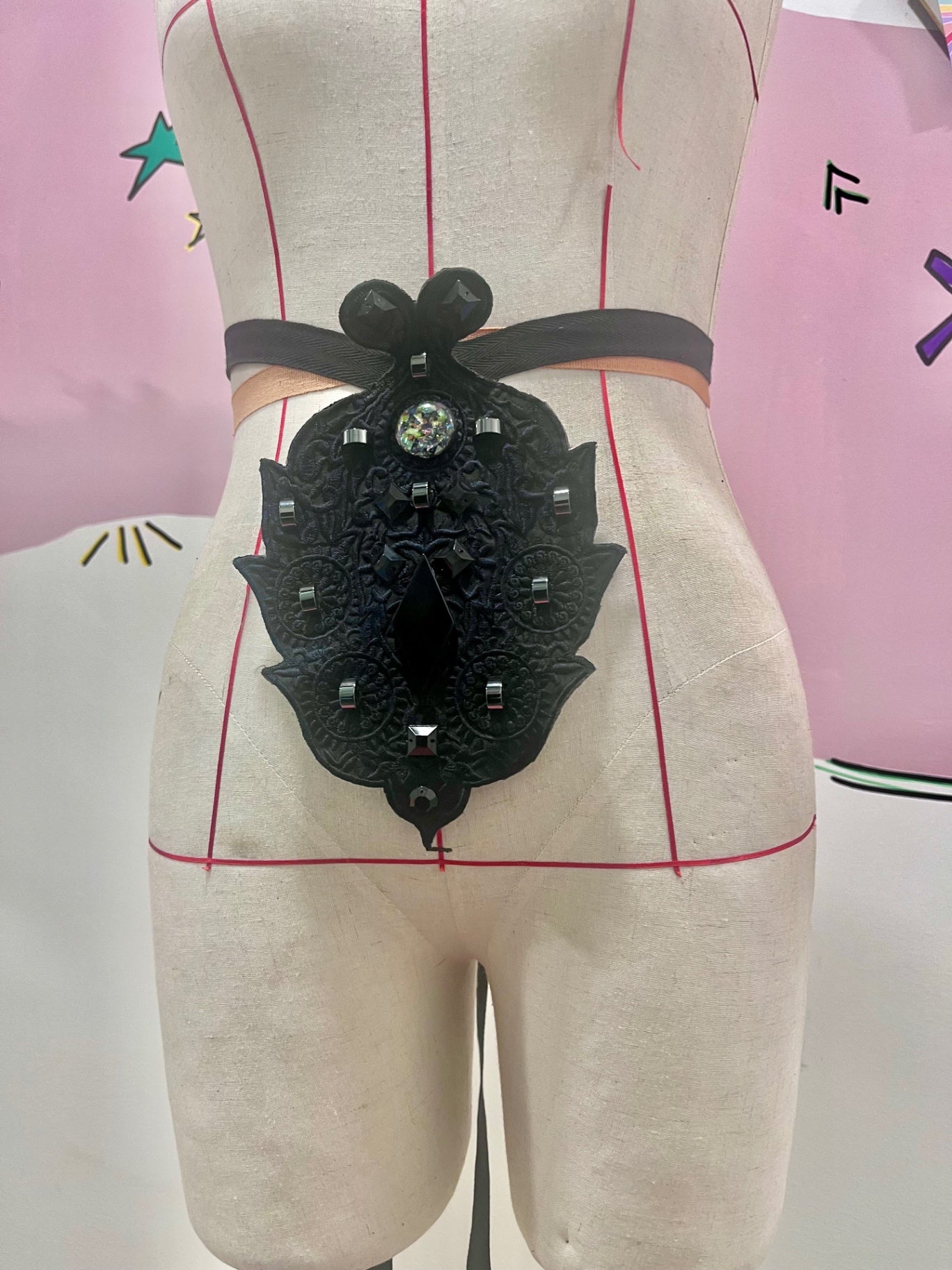 Necklace/Tie Belt Bejewelled Black Bib