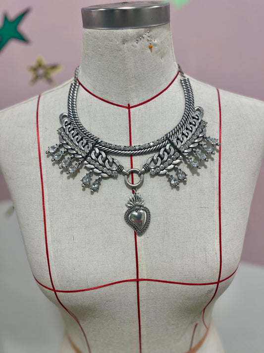 Sacred Heart Crystal Collar Necklace Silver 