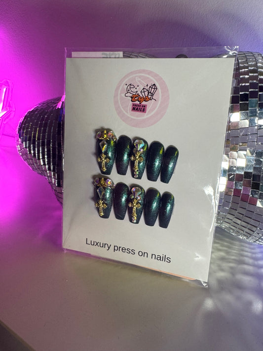 Emerald green gold crosses & crystals