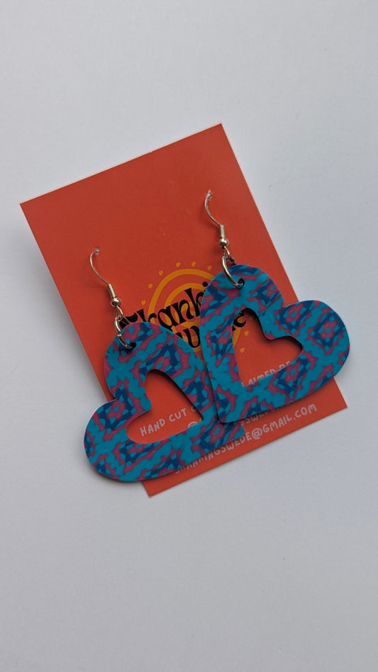 Blue Granny Square Heart Earrings 