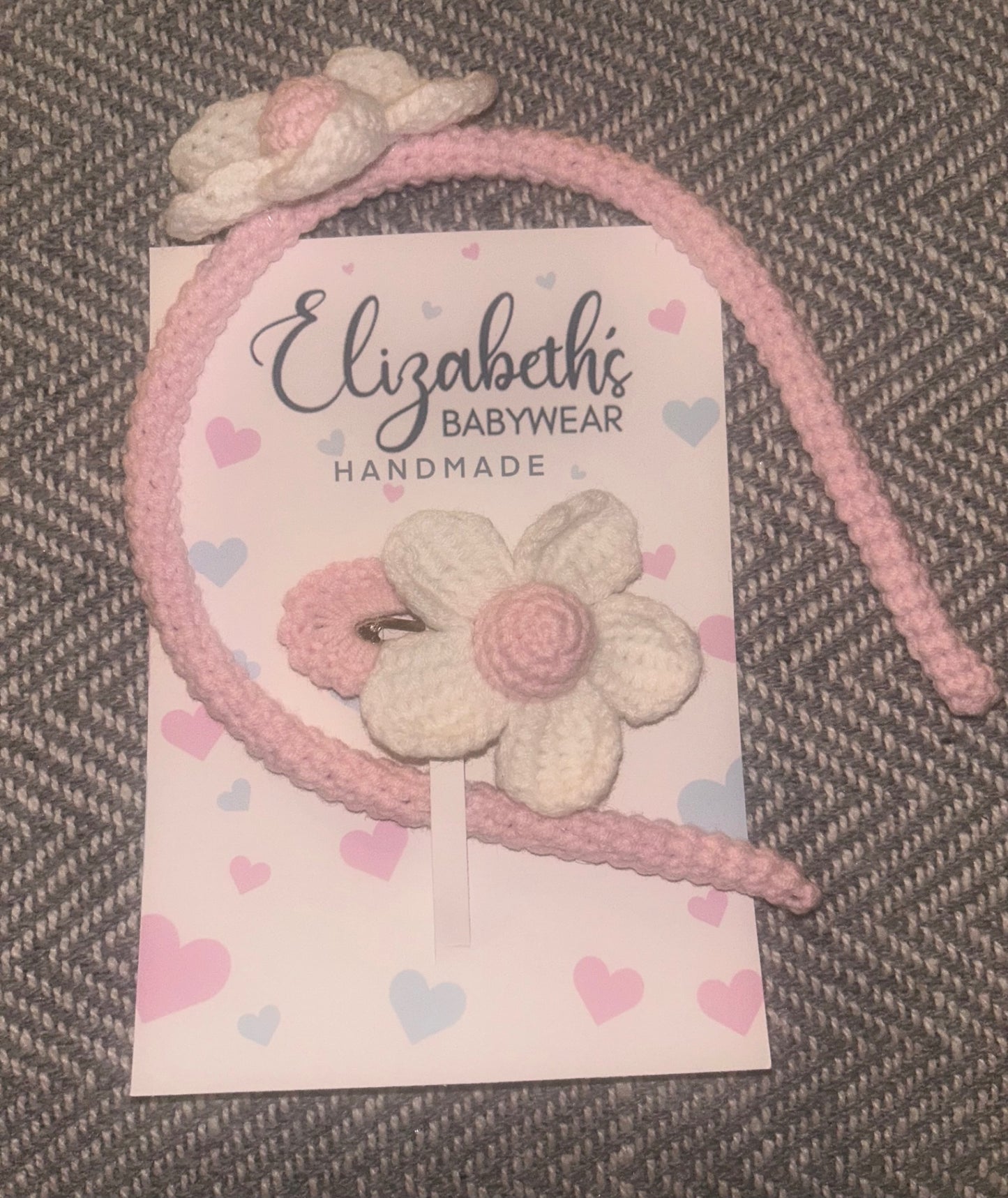 Handmade Pink Headband With White And Pink Daisy Flower And Matching Clip