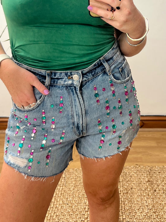 Gemmed denim shorts